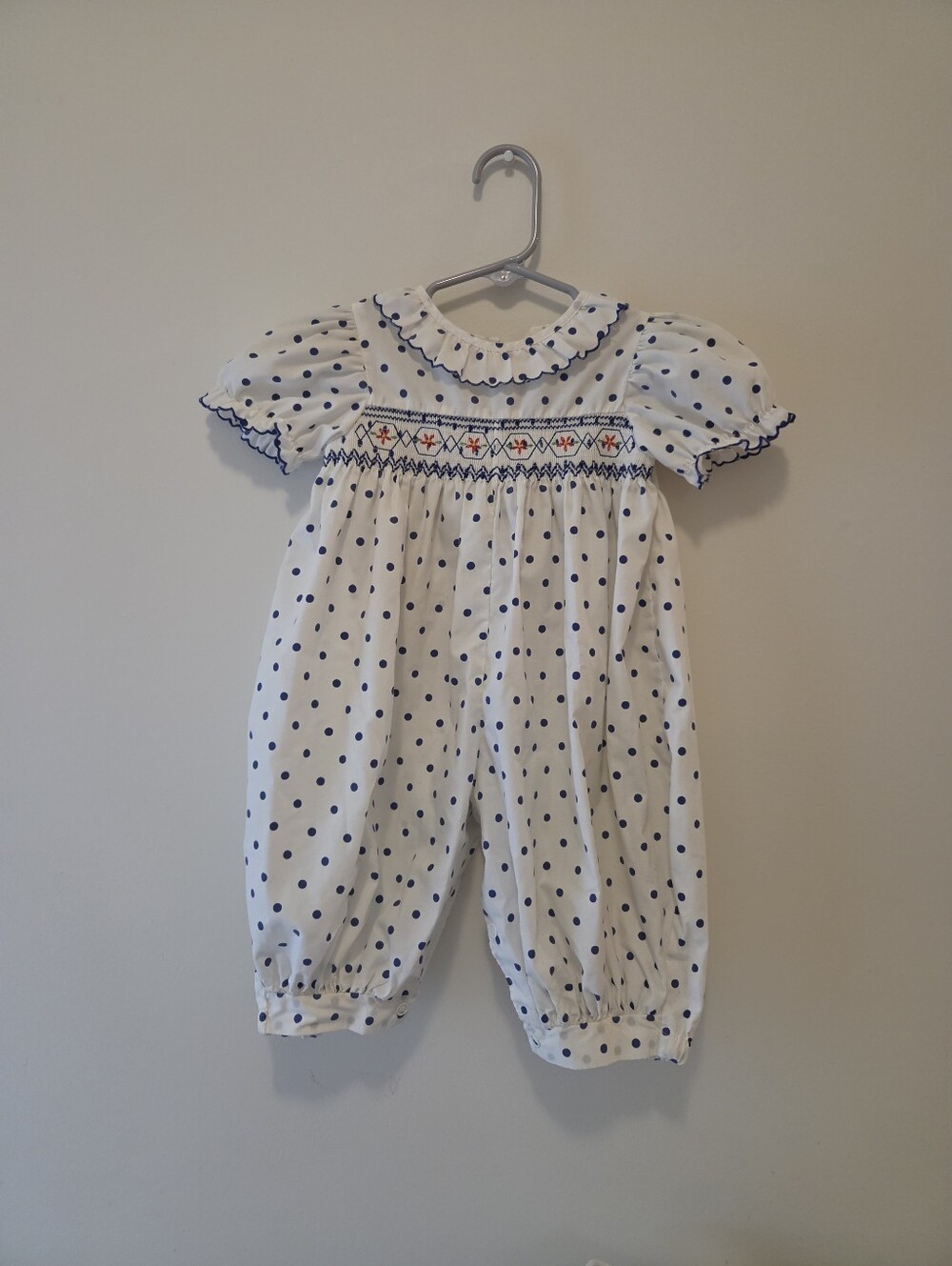Vintage Baby White One-Piece with Navy Polka Dots and Smocked Front